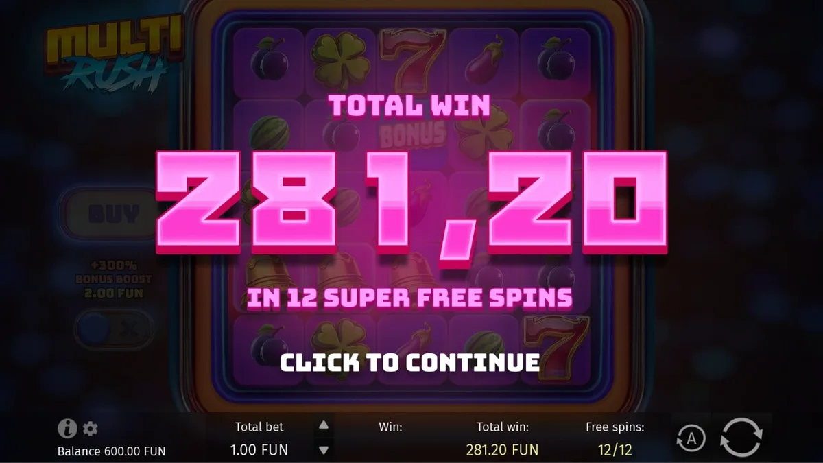 Interface vibrante e neon do jogo de slot Multi Rush com símbolos de frutas