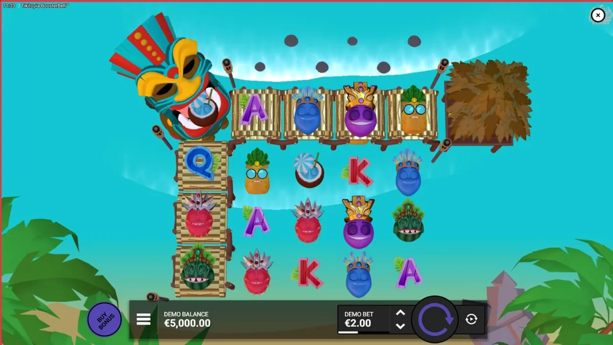 Interface vibrante do slot Tikitopia BoosterBelt com o totem Big'Um Tiki e frutas animadas